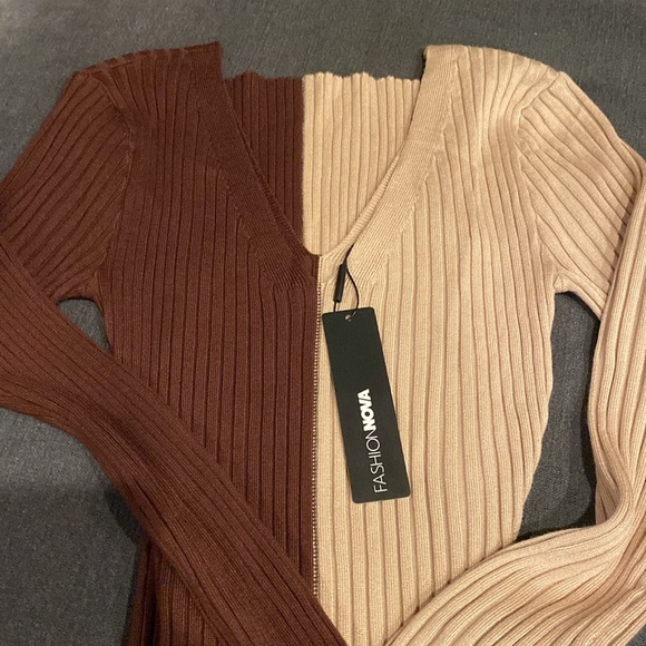 Fashion Nova Autumn Calls Colorblock Sweater Midi Dress - Chocolate/Combo. NWT - Picture 7 of 7